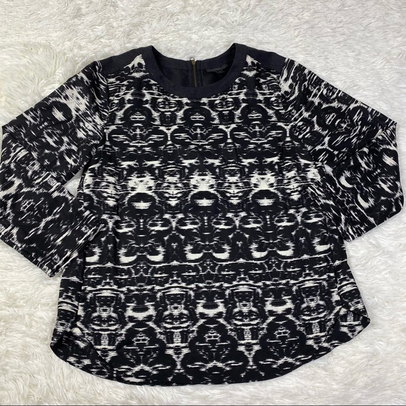 J. Crew Blurred Ikat Print Black White 3/4 Sleeve Blouse Top Wool Blend Size 6 - Picture 3 of 15
